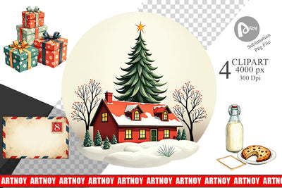 Clipart Mid-Century Christmas Mail Retro Watercolor Sublimation artnoy 
