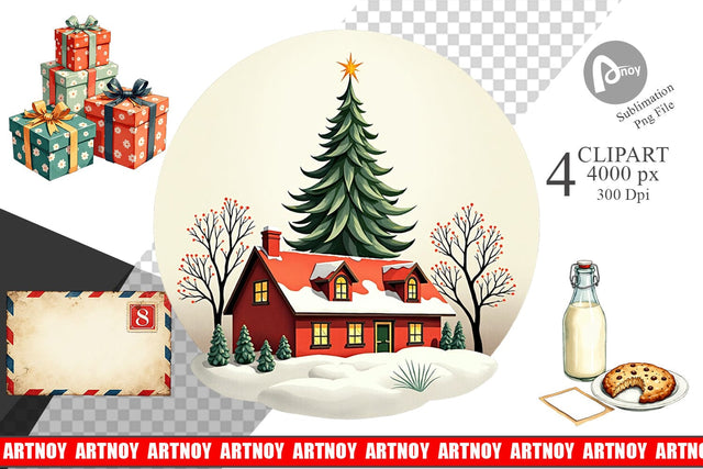 Clipart Mid-Century Christmas Mail Retro Watercolor Sublimation artnoy 
