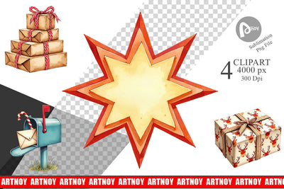 Clipart Mid-Century Christmas Mail Retro Watercolor Sublimation artnoy 