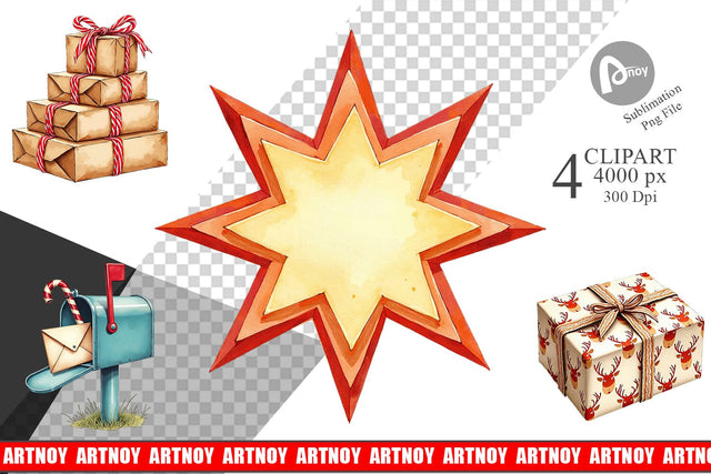 Clipart Mid-Century Christmas Mail Retro Watercolor Sublimation artnoy 