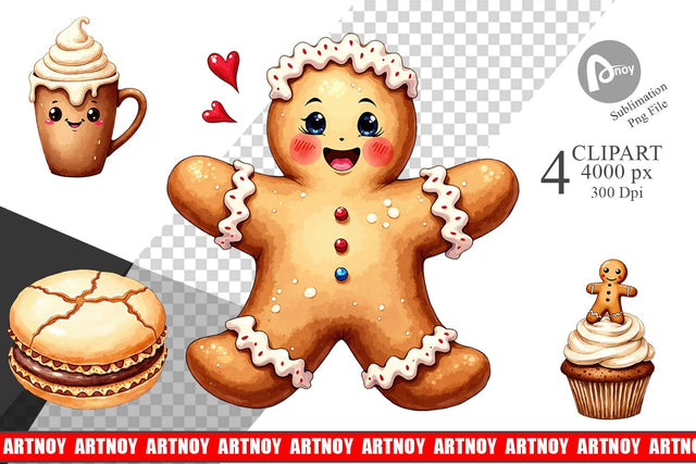 Clipart Misfit Gingerbread Sweets & Treats Watercolor Sublimation artnoy 