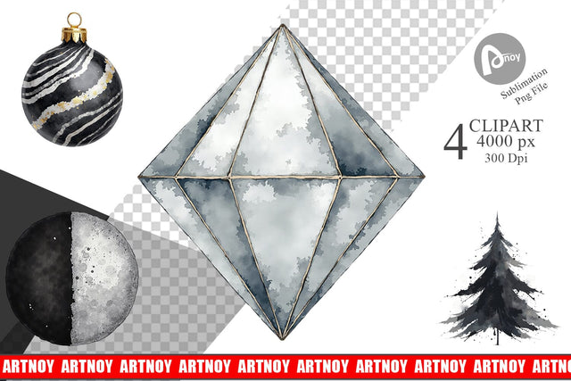 Clipart Modern Monochrome & Silver Christmas Sublimation artnoy 