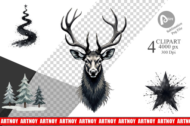 Clipart Modern Monochrome & Silver Christmas Sublimation artnoy 