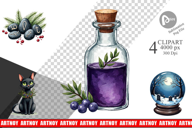 Clipart Mystical Macabre Yule Watercolor Sublimation artnoy 