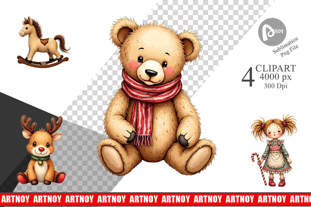 Clipart Nostalgic Christmas Plush Toys Watercolor Sublimation artnoy 