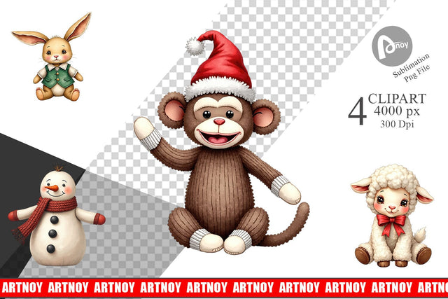 Clipart Nostalgic Christmas Plush Toys Watercolor Sublimation artnoy 