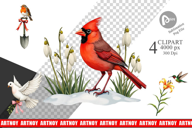Clipart Pastel Spring Birds & Blooms Watercolor Sublimation artnoy 