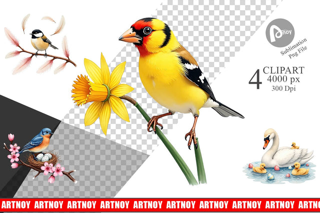 Clipart Pastel Spring Birds & Blooms Watercolor Sublimation artnoy 