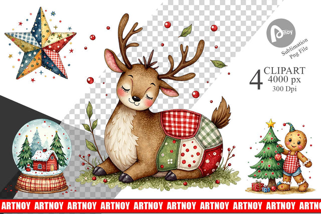 Clipart Patchwork Christmas Watercolor Sublimation artnoy 