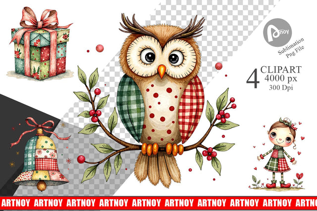 Clipart Patchwork Christmas Watercolor Sublimation artnoy 