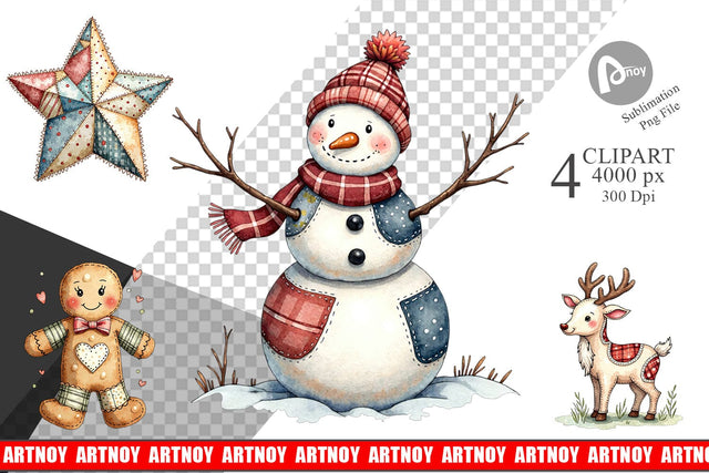 Clipart Patchwork Watercolor Christmas Sublimation artnoy 