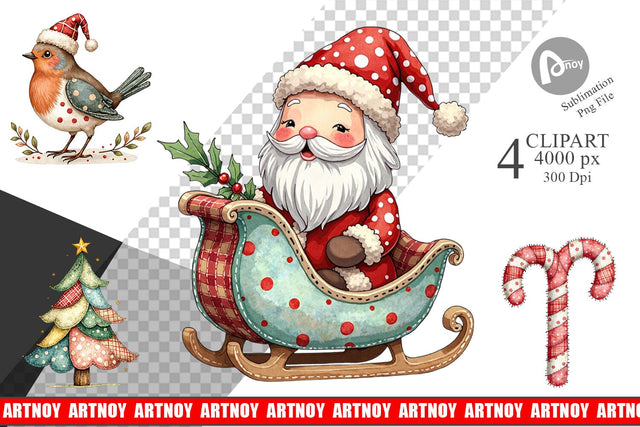 Clipart Patchwork Watercolor Christmas Sublimation artnoy 
