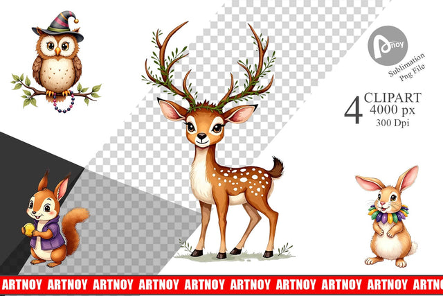 Clipart Paw-di Gras Puppy & Kitten Carnival Watercolor Sublimation artnoy 