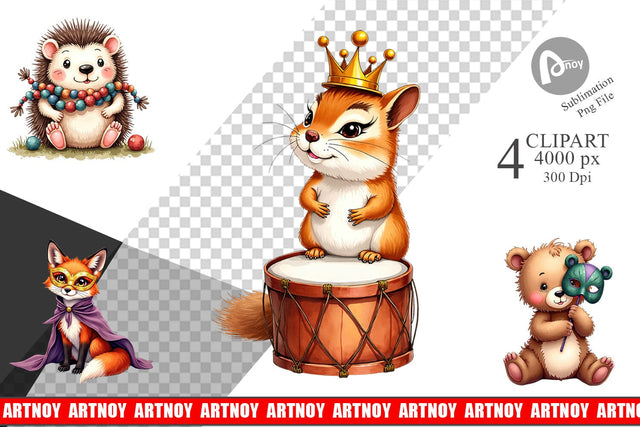 Clipart Paw-di Gras Puppy & Kitten Carnival Watercolor Sublimation artnoy 
