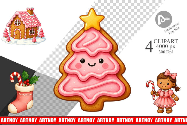 Clipart Pink Gingerbread Christmas Sublimation artnoy 