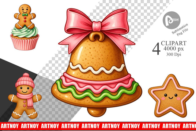 Clipart Pink Gingerbread Christmas Sublimation artnoy 