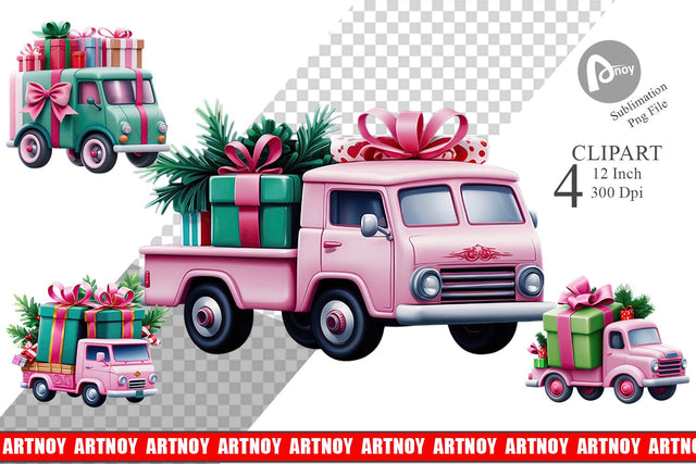 Clipart Pink Truck Christmas Sublimation artnoy 