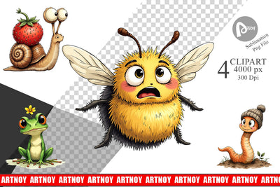 Clipart Quirky Garden Critters Inked Watercolor Illustrations Sublimation artnoy 