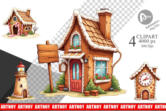 Clipart Quirky Gingerbread Village Watercolor Sublimation artnoy 