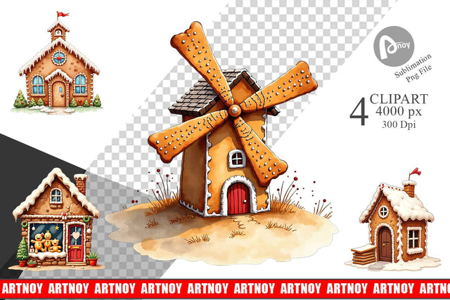 Clipart Quirky Gingerbread Village Watercolor Sublimation artnoy 