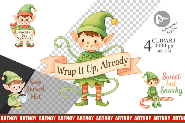 Clipart Quotes Watercolor Elf Antics and Sarcasm Sublimation artnoy 