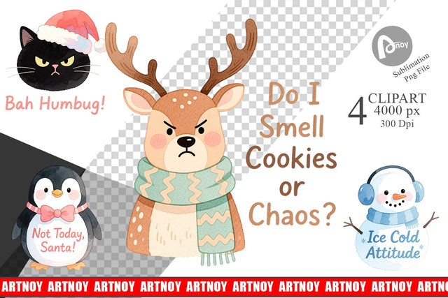 Clipart Quotes Watercolor Grumpy Animals Christmas Sublimation artnoy 