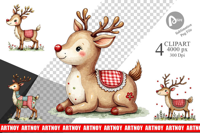 Clipart Reindeer Patchwork Watercolor Sublimation artnoy 
