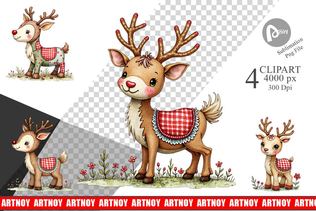 Clipart Reindeer Patchwork Watercolor Sublimation artnoy 