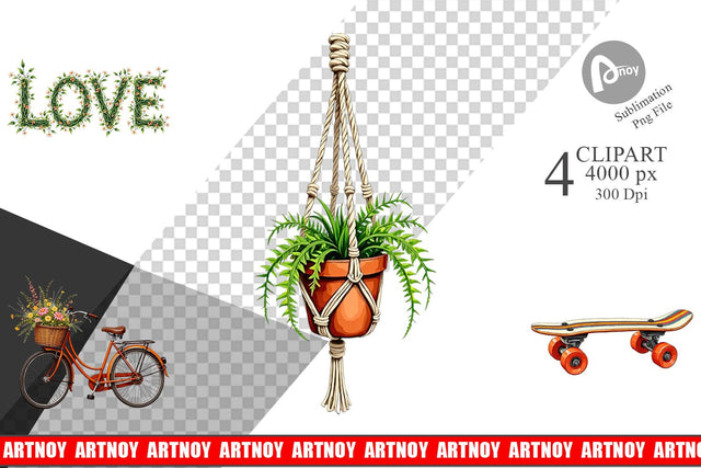 Clipart Retro 70s Summer Boho Watercolor Sublimation artnoy 
