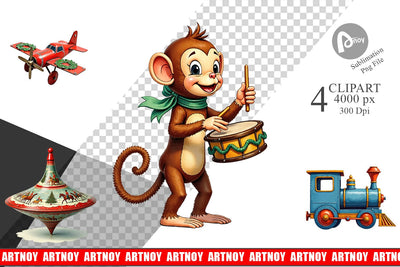 Clipart Retro Christmas Tin Toy Treasures Watercolor Sublimation artnoy 