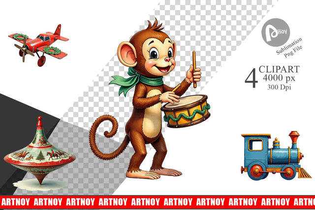 Clipart Retro Christmas Tin Toy Treasures Watercolor Sublimation artnoy 