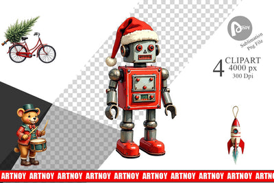 Clipart Retro Christmas Tin Toy Treasures Watercolor Sublimation artnoy 