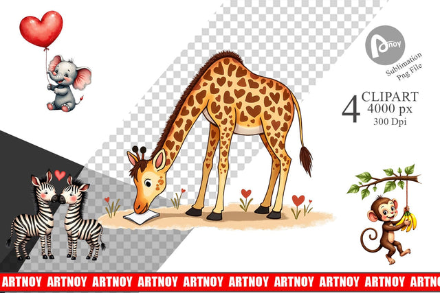 Clipart Retro Jungle Love Valentine's Safari Animal Sublimation artnoy 