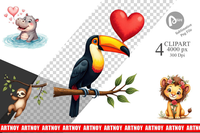 Clipart Retro Jungle Love Valentine's Safari Animal Sublimation artnoy 