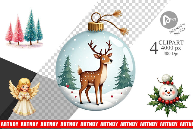 Clipart Retro Kitsch Christmas Watercolor Sublimation artnoy 