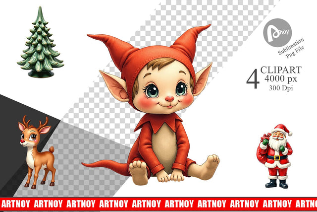 Clipart Retro Kitsch Christmas Watercolor Sublimation artnoy 