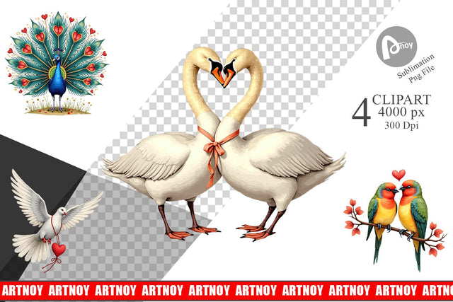 Clipart Retro Lovebirds & Swans Valentine Watercolor Sublimation artnoy 