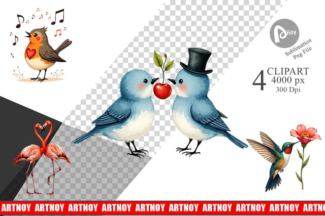 Clipart Retro Lovebirds & Swans Valentine Watercolor Sublimation artnoy 