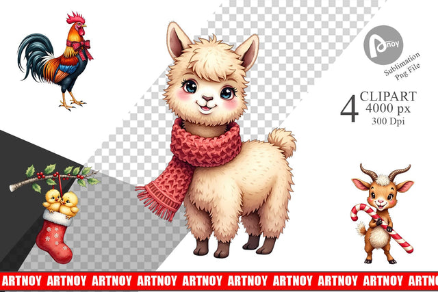 Clipart Rustic Farmhouse Christmas Animals Watercolor Sublimation artnoy 
