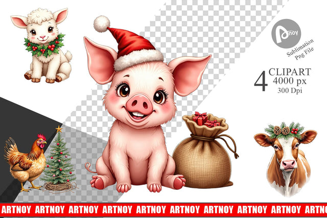Clipart Rustic Farmhouse Christmas Animals Watercolor Sublimation artnoy 
