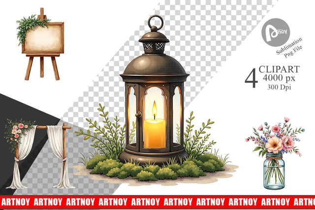 Clipart Rustic Romance Wedding Decor Elements Sublimation artnoy 