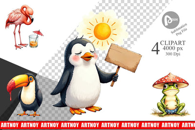 Clipart Sarcastic Summer Animals Watercolor Sublimation artnoy 