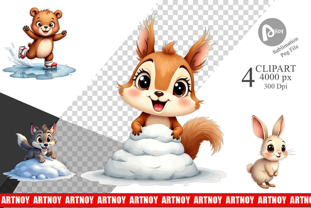 Clipart Snowy Playtime Big-Eyed Forest Friends Sublimation artnoy 
