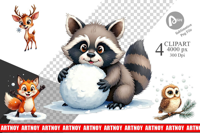 Clipart Snowy Playtime Big-Eyed Forest Friends Sublimation artnoy 