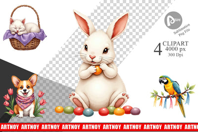 Clipart Spring Garden Pets Easter Watercolor Sublimation artnoy 