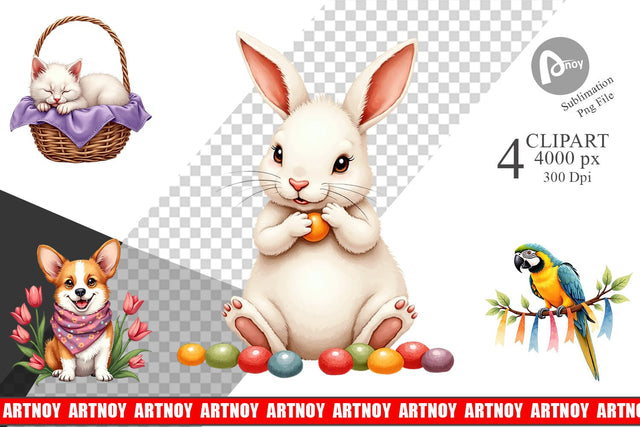 Clipart Spring Garden Pets Easter Watercolor Sublimation artnoy 