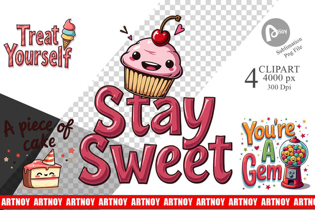 Clipart Sweet Nostalgia Retro Kawaii Dessert Quote Sublimation artnoy 