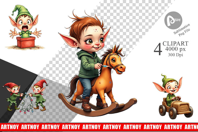 Clipart UglyCute Elf Workshop Antics Watercolor Sublimation artnoy 