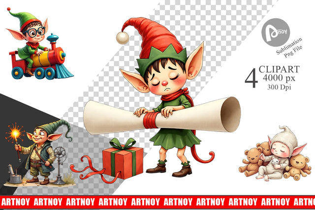 Clipart UglyCute Elf Workshop Antics Watercolor Sublimation artnoy 