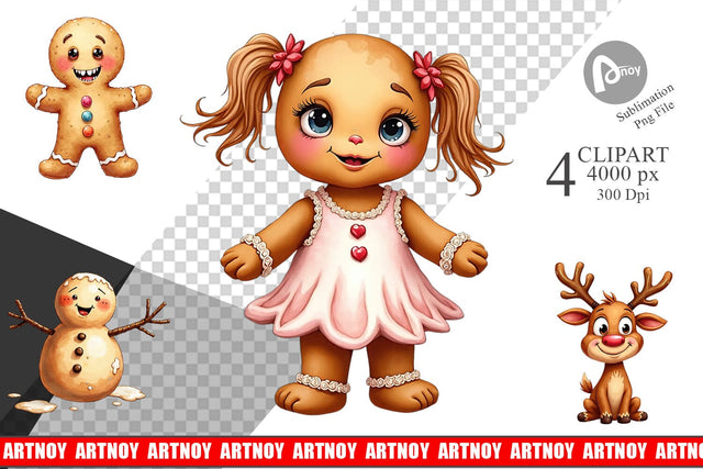 Clipart UglyCute Gingerbread Pals Watercolor Sublimation artnoy 